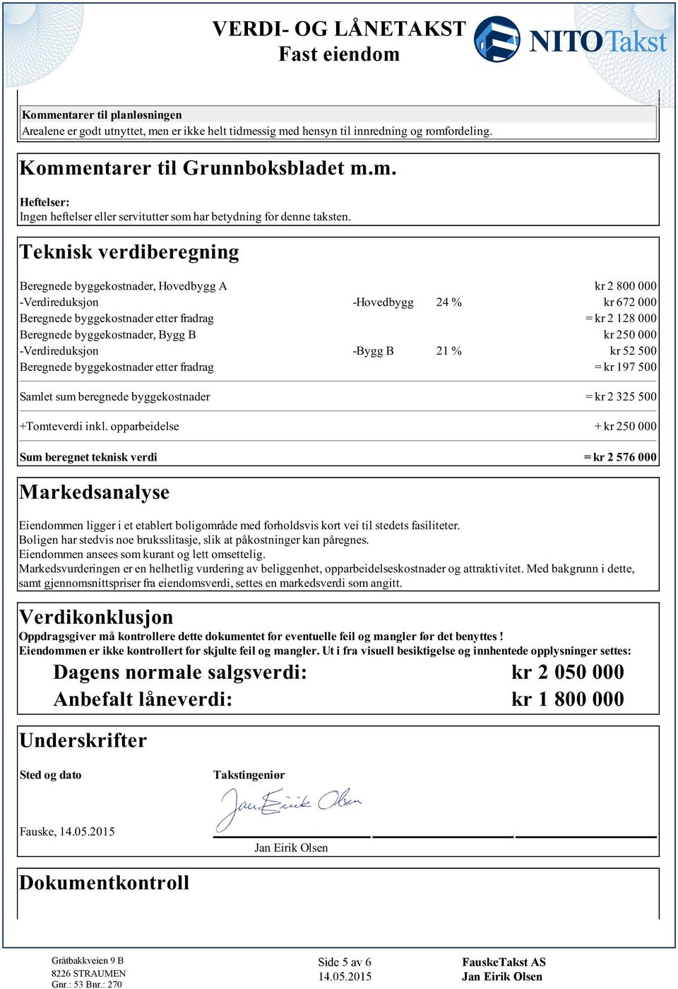 Bygg B kr 250 000 -Verdireduksjon -Bygg B 21 % kr 52 500 Beregnede byggekostnader etter fradrag = kr 197 500 Samlet sum beregnede byggekostnader = kr 2 325 500 +Tomteverdi inkl.