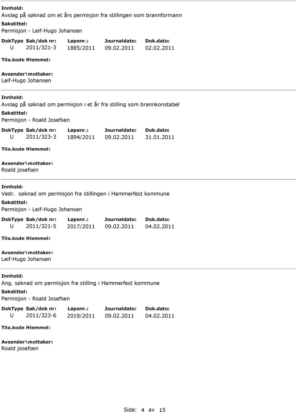 søknad om permisjon fra stillingen i Hammerfest kommune Permisjon - Leif-Hugo Johansen 2011/321-5 2017/2011 04.02.2011 Leif-Hugo Johansen Ang.