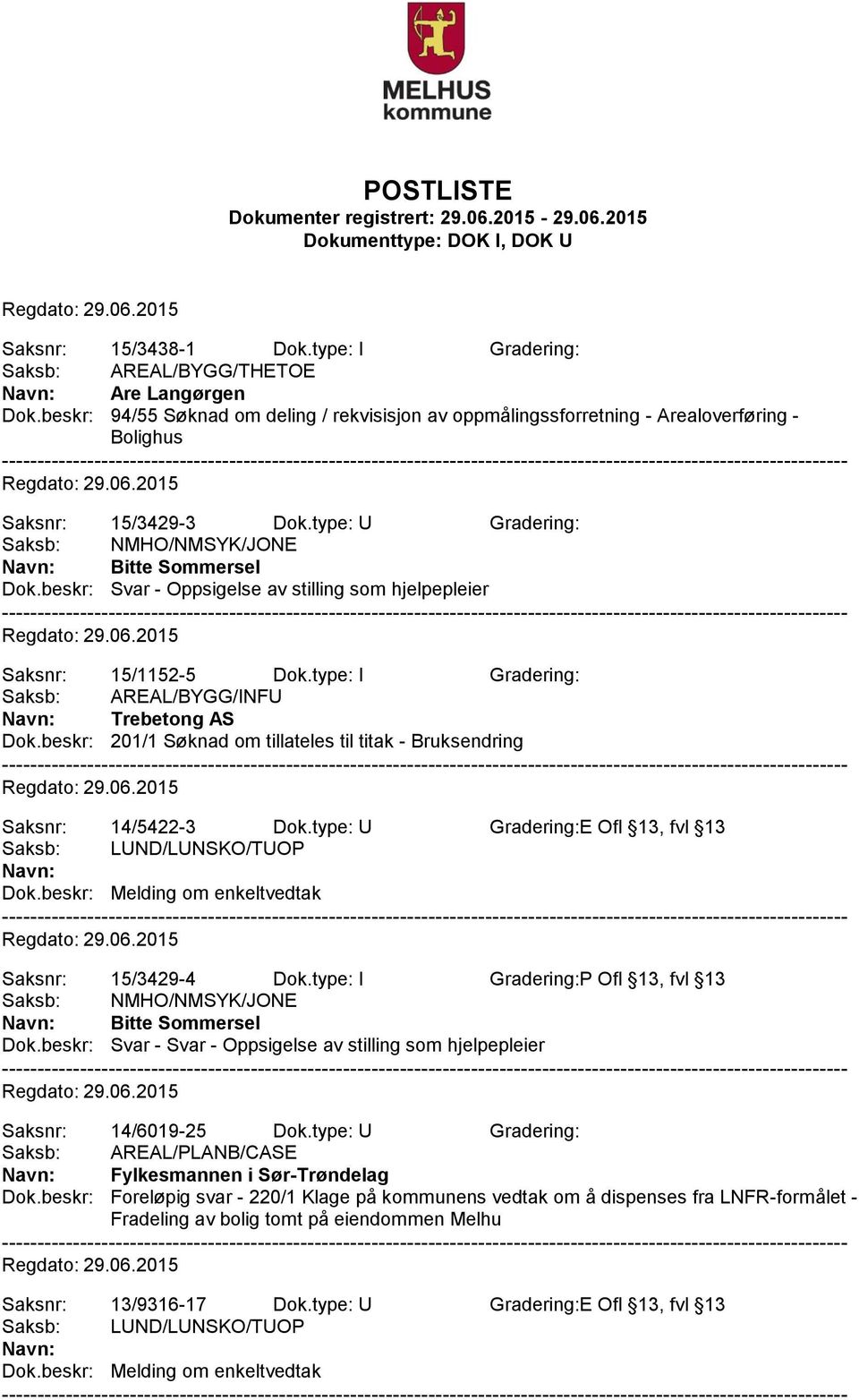 beskr: Svar - Oppsigelse av stilling som hjelpepleier Saksnr: 15/1152-5 Dok.type: I Gradering: Saksb: AREAL/BYGG/INFU Trebetong AS Dok.