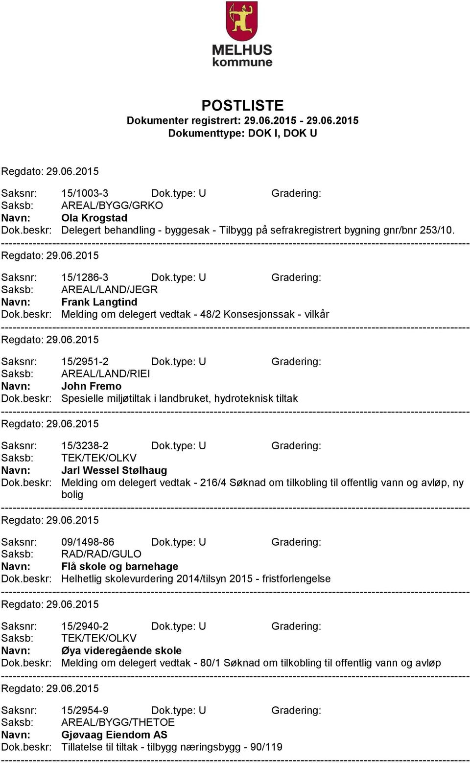 type: U Gradering: Saksb: AREAL/LAND/RIEI John Fremo Dok.beskr: Spesielle miljøtiltak i landbruket, hydroteknisk tiltak Saksnr: 15/3238-2 Dok.