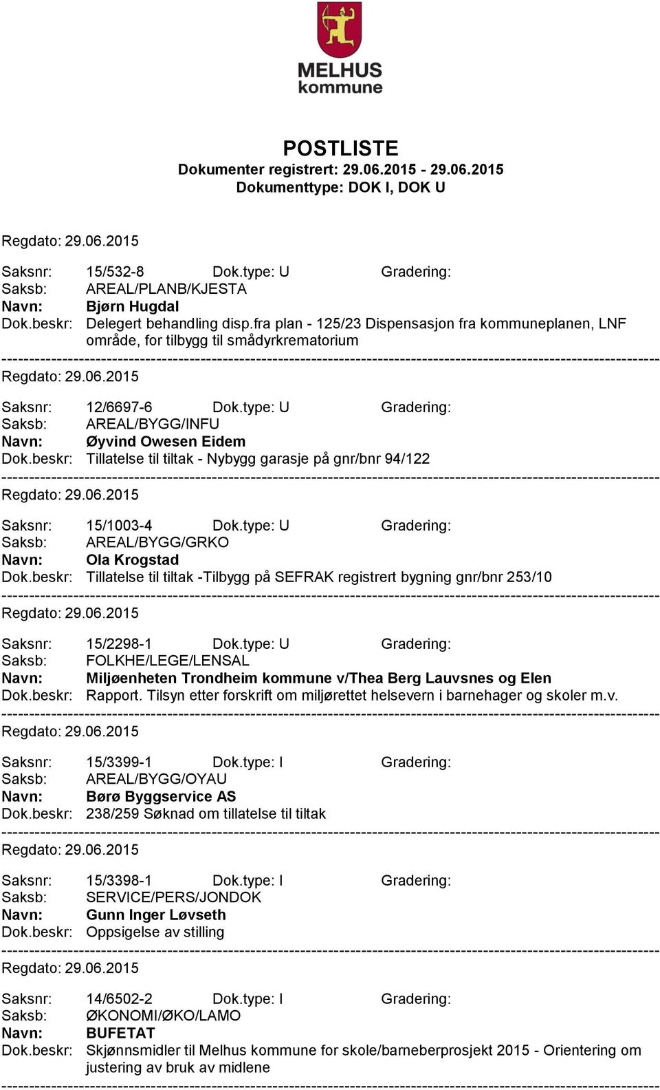 beskr: Tillatelse til tiltak - Nybygg garasje på gnr/bnr 94/122 Saksnr: 15/1003-4 Dok.type: U Gradering: Saksb: AREAL/BYGG/GRKO Ola Krogstad Dok.