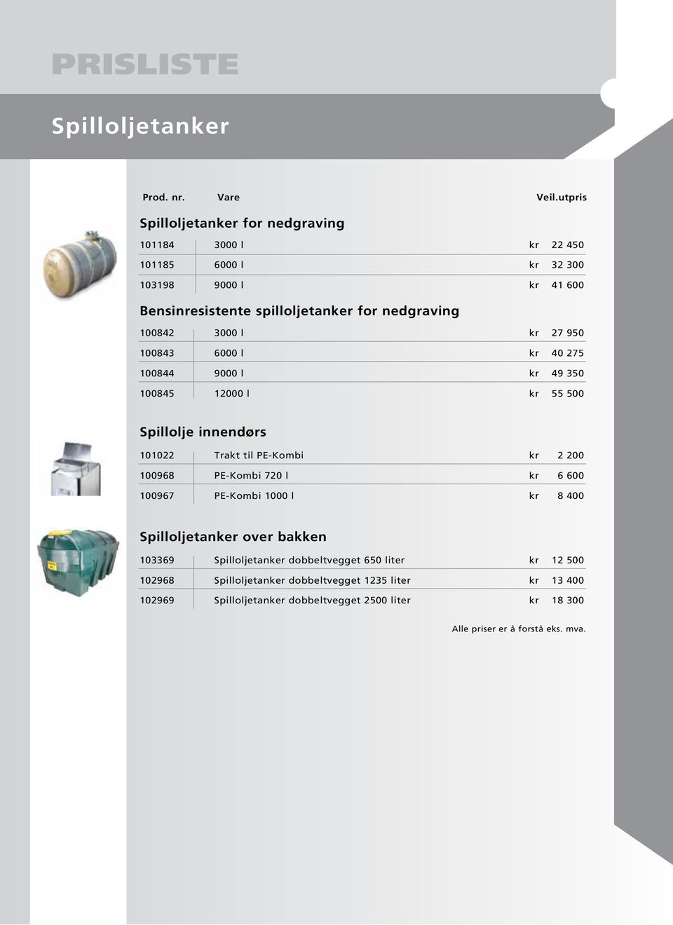 innendørs 101022 Trakt til PE-Kombi kr 2 200 100968 PE-Kombi 720 l kr 6 600 100967 PE-Kombi 1000 l kr 8 400 Spilloljetanker over bakken 103369