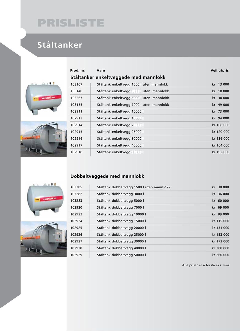 20000 l kr 108 000 102915 Ståltank enkeltvegg 25000 l kr 120 000 102916 Ståltank enkeltvegg 30000 l kr 136 000 102917 Ståltank enkeltvegg 40000 l kr 164 000 102918 Ståltank enkeltvegg 50000 l kr 192