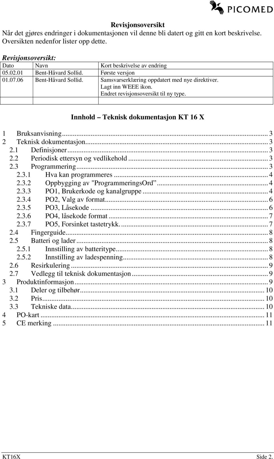 Endret revisjonsoversikt til ny type. Innhold Teknisk dokumentasjon KT 16 X 1 Bruksanvisning... 3 2 Teknisk dokumentasjon... 3 2.1 Definisjoner... 3 2.2 Periodisk ettersyn og vedlikehold... 3 2.3 Programmering.