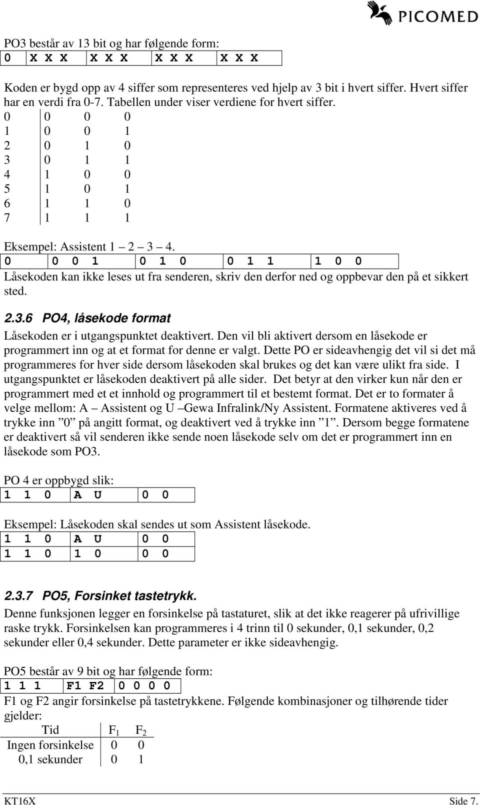 0 0 0 1 0 1 0 0 1 1 1 0 0 Låsekoden kan ikke leses ut fra senderen, skriv den derfor ned og oppbevar den på et sikkert sted. 2.3.6 PO4, låsekode format Låsekoden er i utgangspunktet deaktivert.