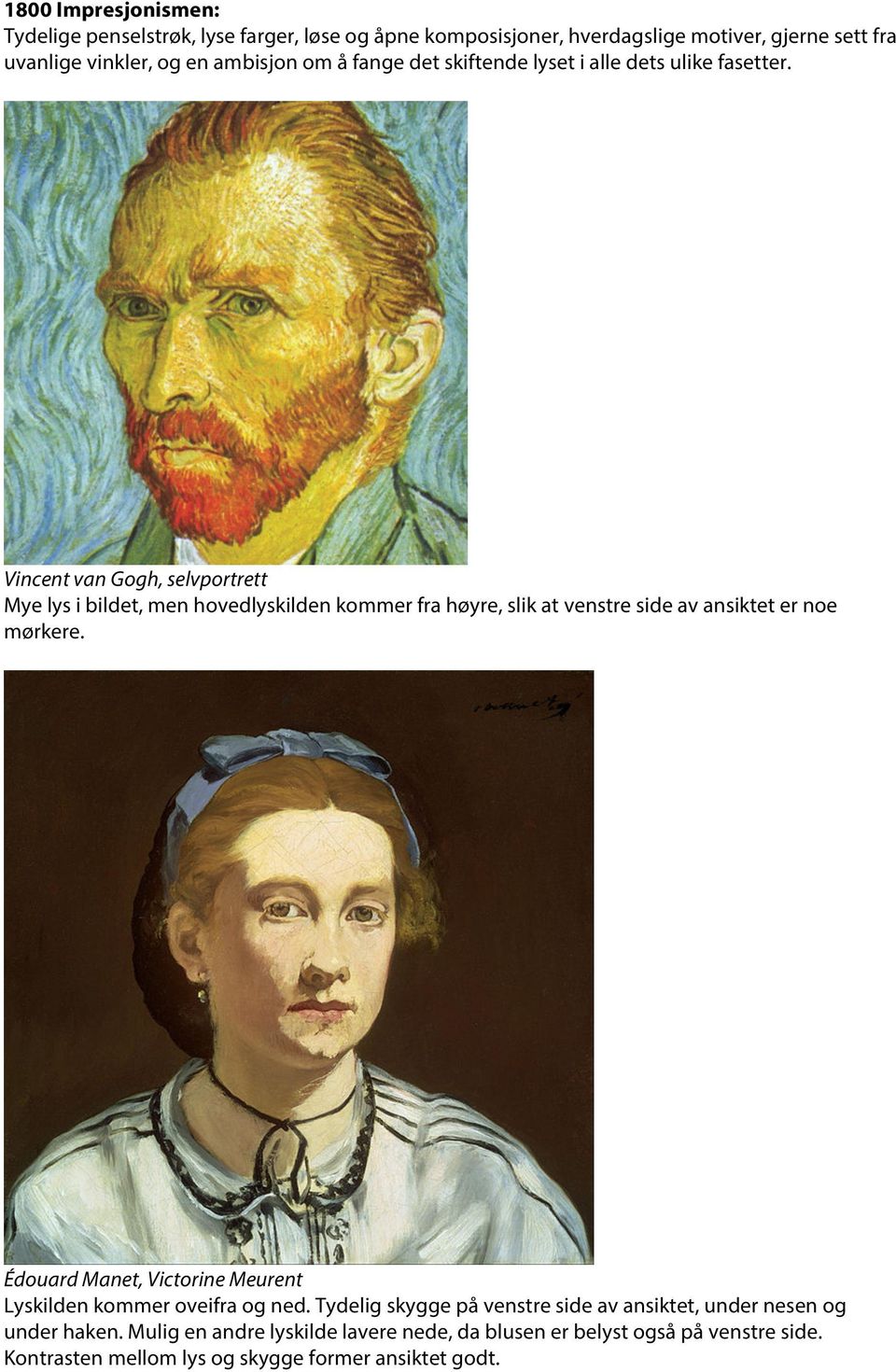 Vincent van Gogh, selvportrett Mye lys i bildet, men hovedlyskilden kommer fra høyre, slik at venstre side av ansiktet er noe mørkere.