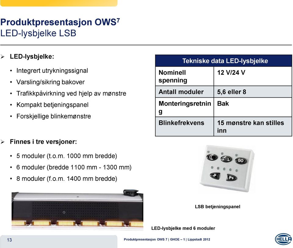 V/24 V Antall moduler 5,6 eller 8 Monteringsretnin g Blinkefrekvens Bak 15 mønstre kan stilles inn 5 moduler (t.o.m. 1000 mm bredde) 6 moduler (bredde 1100 mm - 1300 mm) 8 moduler (f.