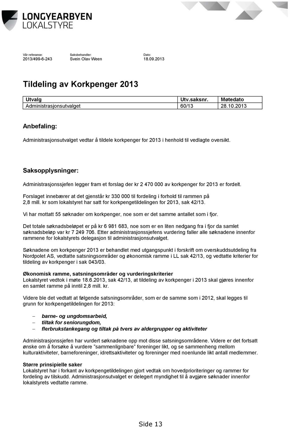 Saksopplysninger: Administrasjonssjefen legger fram et forslag der kr 2 470 000 av korkpenger for 2013 er fordelt.