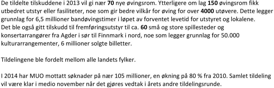 60 små og store spillesteder og konsertarrangører fra Agder i sør til Finnmark i nord, noe som legger grunnlag for 50.000 kulturarrangementer, 6 millioner solgte billetter.