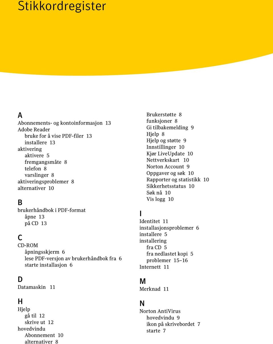 hovedvindu Abonnement 10 alternativer 8 Brukerstøtte 8 funksjoner 8 Gi tilbakemelding 9 Hjelp 8 Hjelp og støtte 9 Innstillinger 10 Kjør LiveUpdate 10 Nettverkskart 10 Norton Account 9 Oppgaver og søk