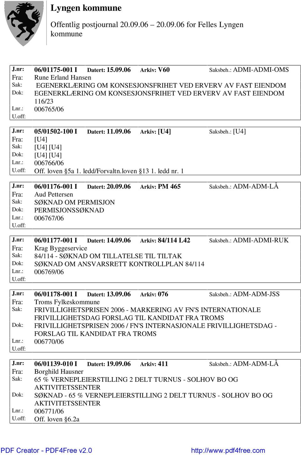 nr: 05/01502-100 I Datert: 11.09.06 Arkiv: [U4] Saksbeh.: [U4] Fra: [U4] Sak: [U4] [U4] Dok: [U4] [U4] Lnr.: 006766/06 Off. loven 5a 1. ledd/forvaltn.loven 13 1. ledd nr. 1 J.