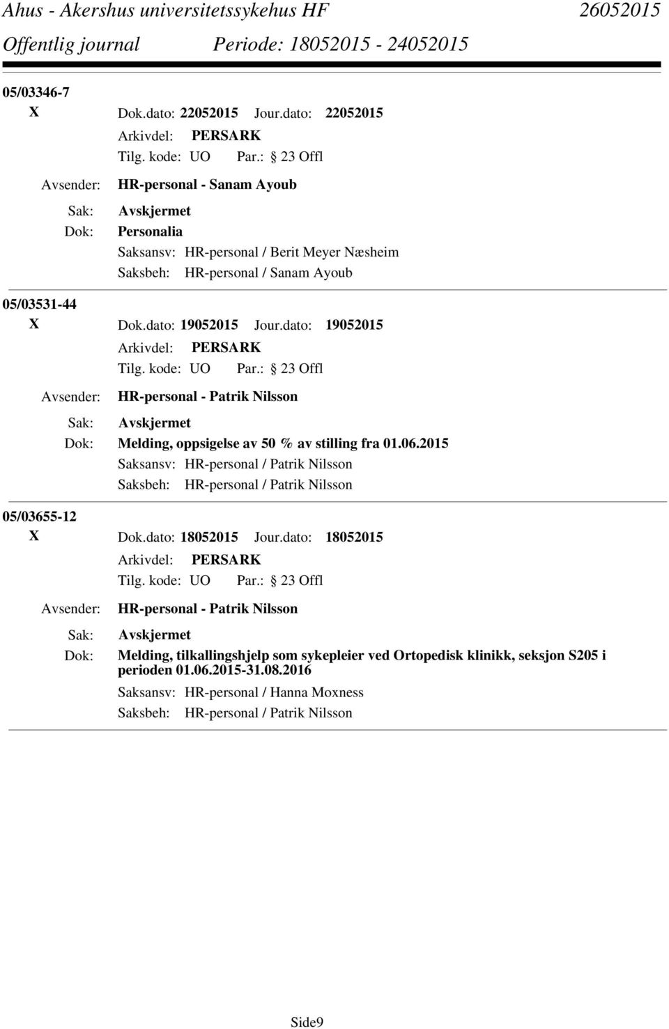 dato: 19052015 Jour.dato: 19052015 HR-personal - Patrik Nilsson Melding, oppsigelse av 50 % av stilling fra 01.06.