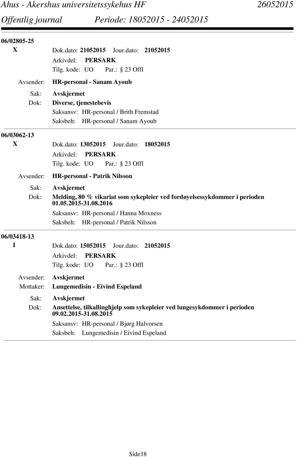 dato: 13052015 Jour.dato: 18052015 HR-personal - Patrik Nilsson Melding, 80 % vikariat som sykepleier ved fordøyelsessykdommer i perioden 01.05.2015-31.08.