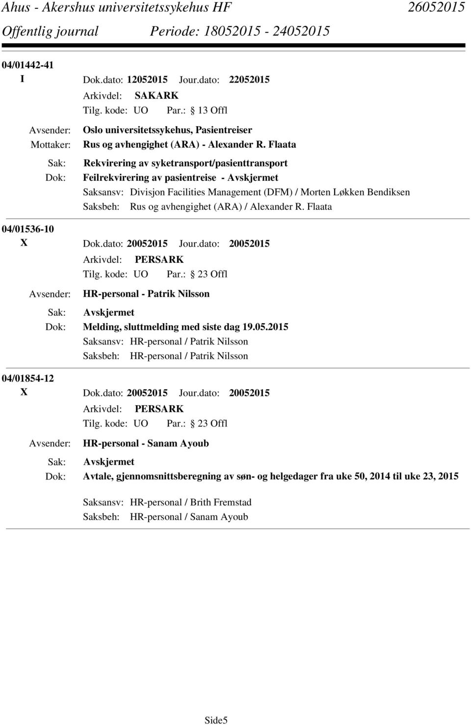 Alexander R. Flaata 04/01536-10 X Dok.dato: 20052015 Jour.dato: 20052015 HR-personal - Patrik Nilsson Melding, sluttmelding med siste dag 19.05.2015 Saksansv: HR-personal / Patrik Nilsson Saksbeh: HR-personal / Patrik Nilsson 04/01854-12 X Dok.