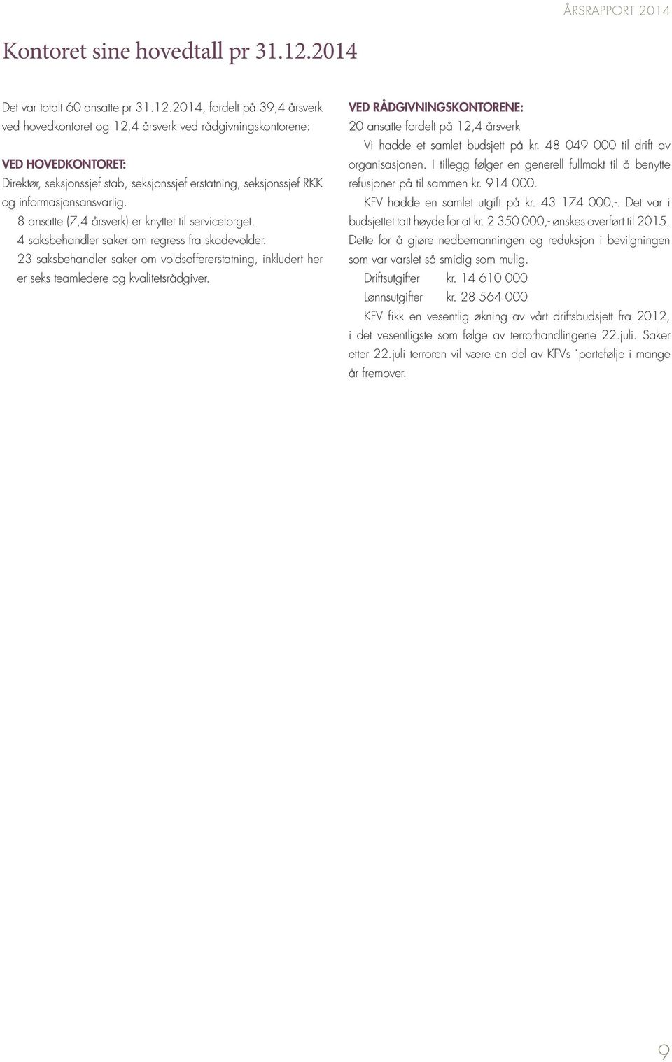 2014, fordelt på 39,4 årsverk ved hovedkontoret og 12,4 årsverk ved rådgivningskontorene: VED HOVEDKONTORET: Direktør, seksjonssjef stab, seksjonssjef erstatning, seksjonssjef RKK og