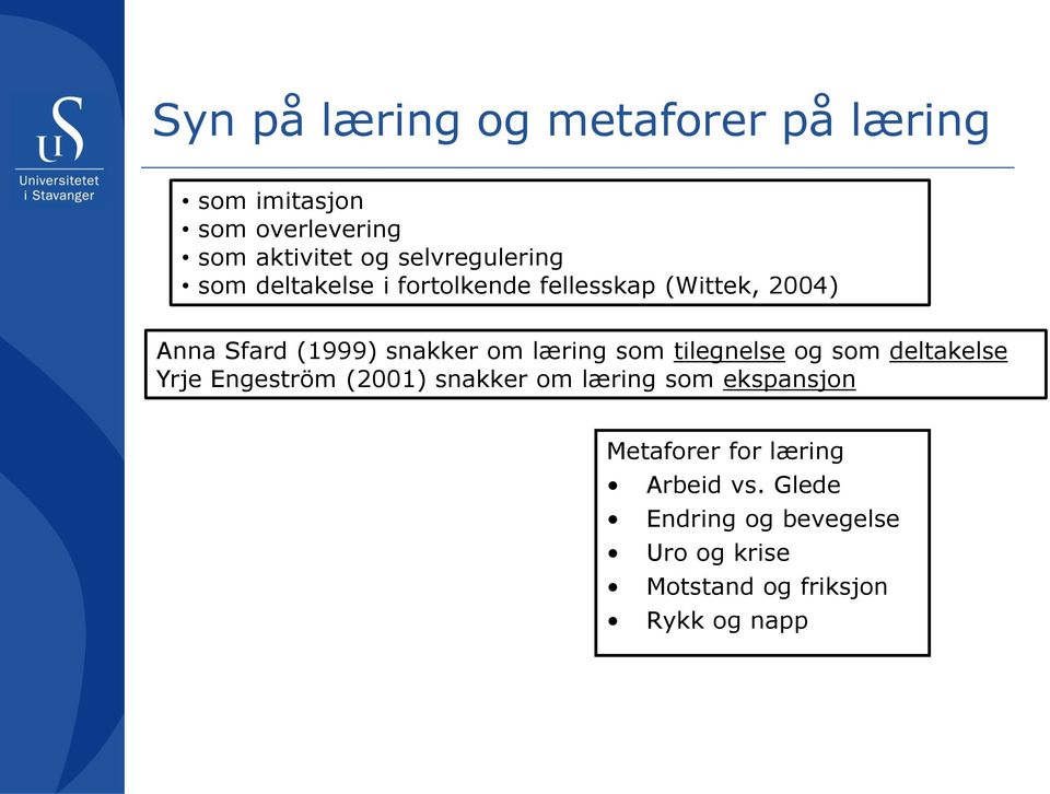 om læring som tilegnelse og som deltakelse Yrje Engeström (2001) snakker om læring som