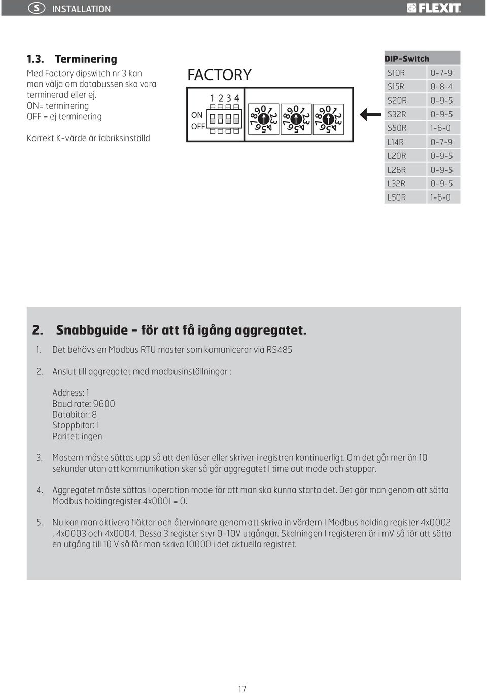 L50R 1-6-0 2. Snabbguide - för att få igång aggregatet. 1. Det behövs en Modbus RTU master som komunicerar via RS485 2.