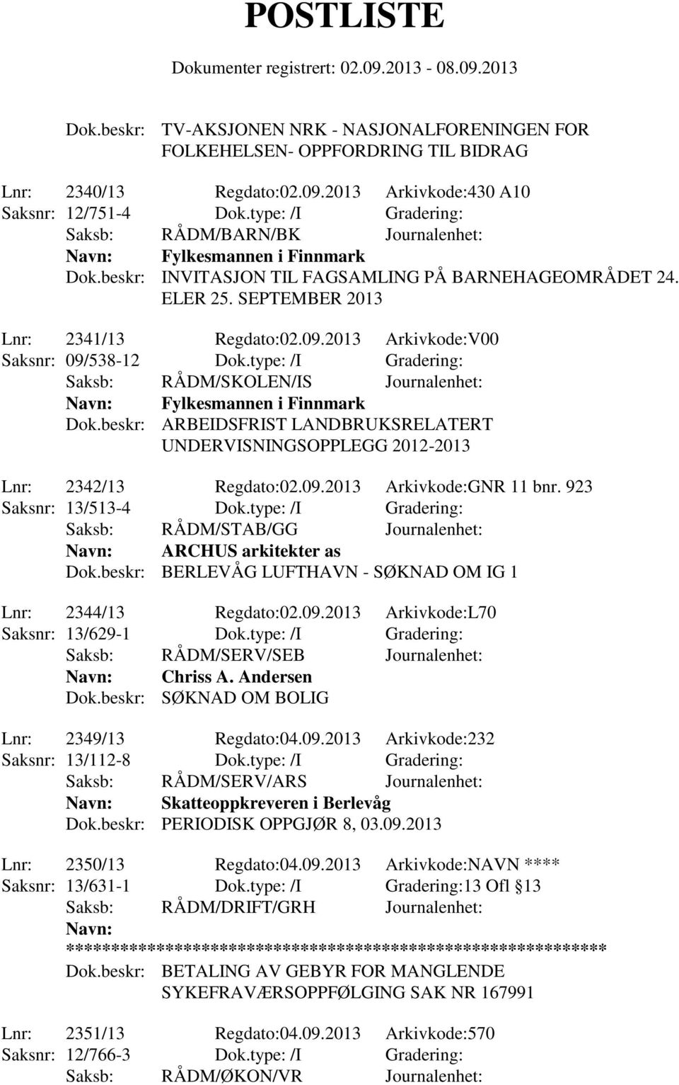 2013 Arkivkode:V00 Saksnr: 09/538-12 Dok.type: /I Gradering: Saksb: RÅDM/SKOLEN/IS Journalenhet: Navn: Fylkesmannen i Finnmark Dok.