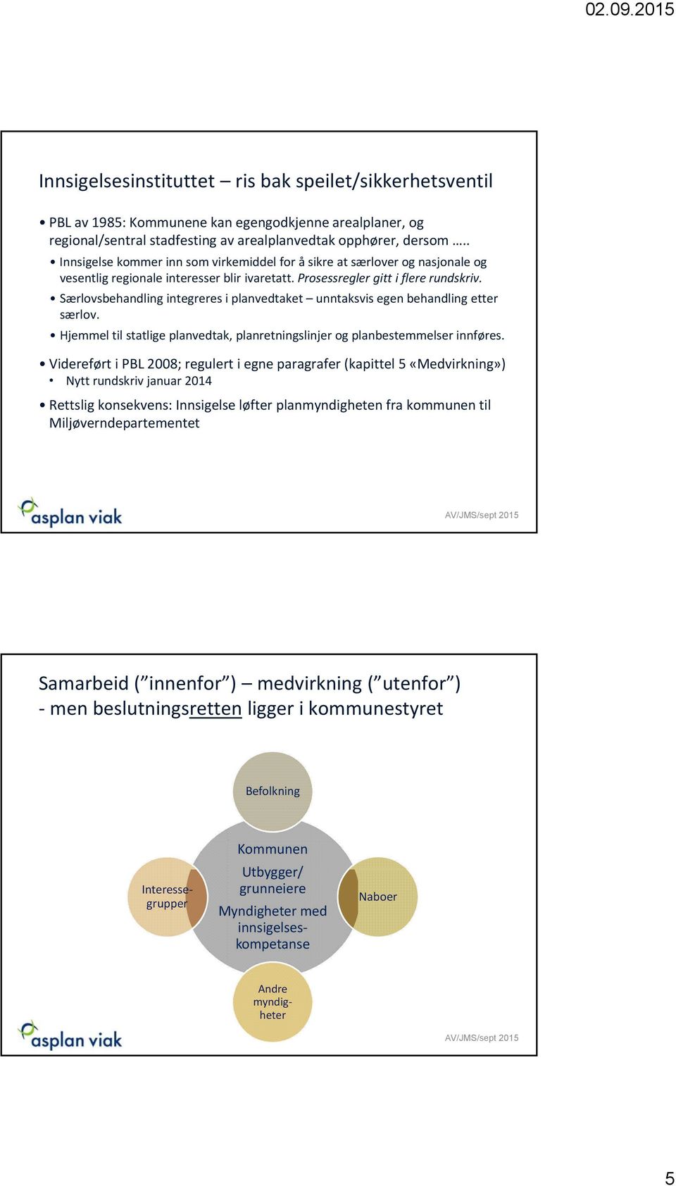 Særlovsbehandling integreres i planvedtaket unntaksvis egen behandling etter særlov. Hjemmel til statlige planvedtak, planretningslinjer og planbestemmelser innføres.