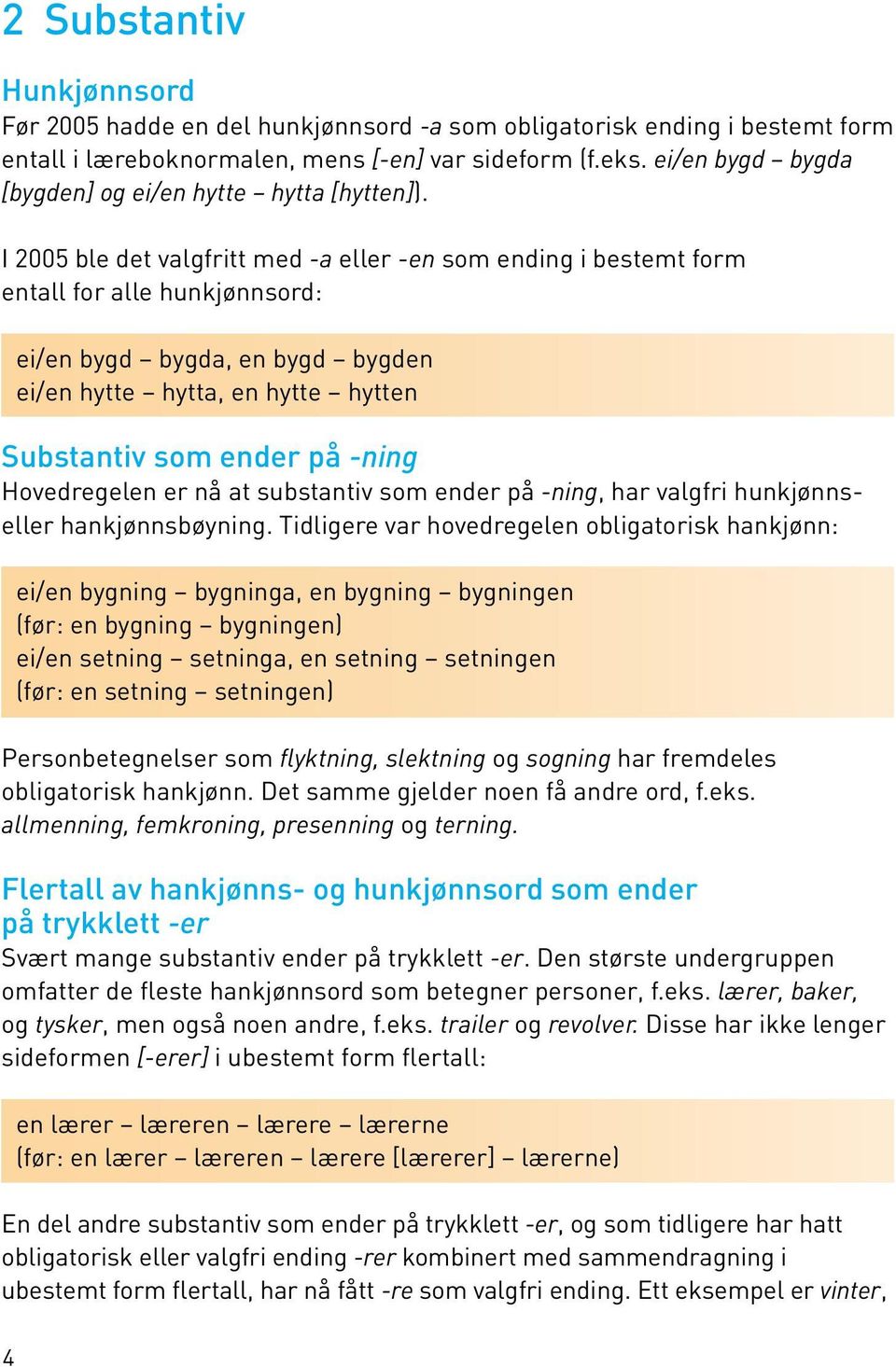 I 2005 ble det valgfritt med -a eller -en som ending i bestemt form entall for alle hunkjønnsord: ei/en bygd bygda, en bygd bygden ei/en hytte hytta, en hytte hytten Substantiv som ender på -ning