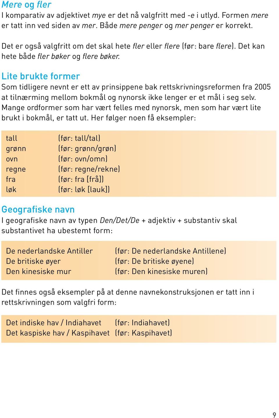 Lite brukte former Som tidligere nevnt er ett av prinsippene bak rettskrivningsreformen fra 2005 at tilnærming mellom bokmål og nynorsk ikke lenger er et mål i seg selv.