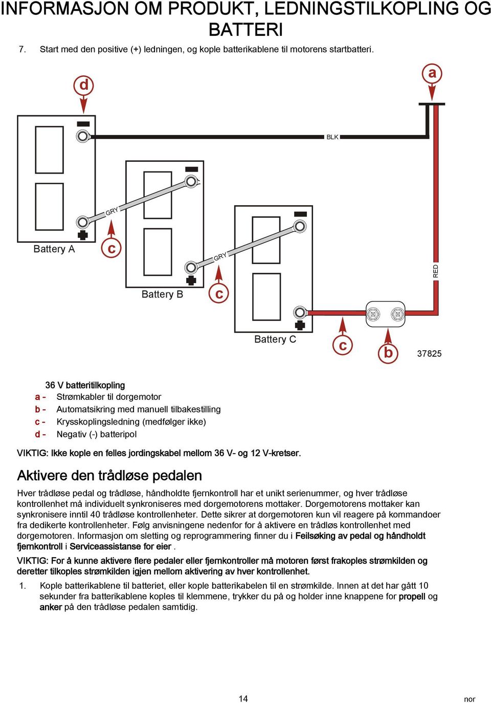 (-) tteripol VIKTIG: Ikke kople en felles jordingskel mellom 36 V- og 12 V-kretser.