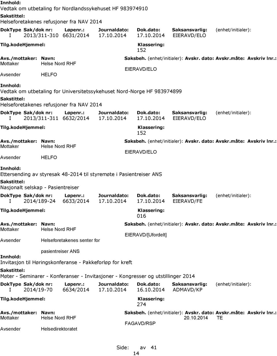 6631/2014 17.10.2014 17.10.2014 EIERAVD/ELO HELFO 152 EIERAVD/ELO Vedtak om utbetaling for Universitetssykehuset Nord-Norge HF 983974899 Helseforetakenes refusjoner fra NAV 2014 I 2013/311-311 6632/2014 17.