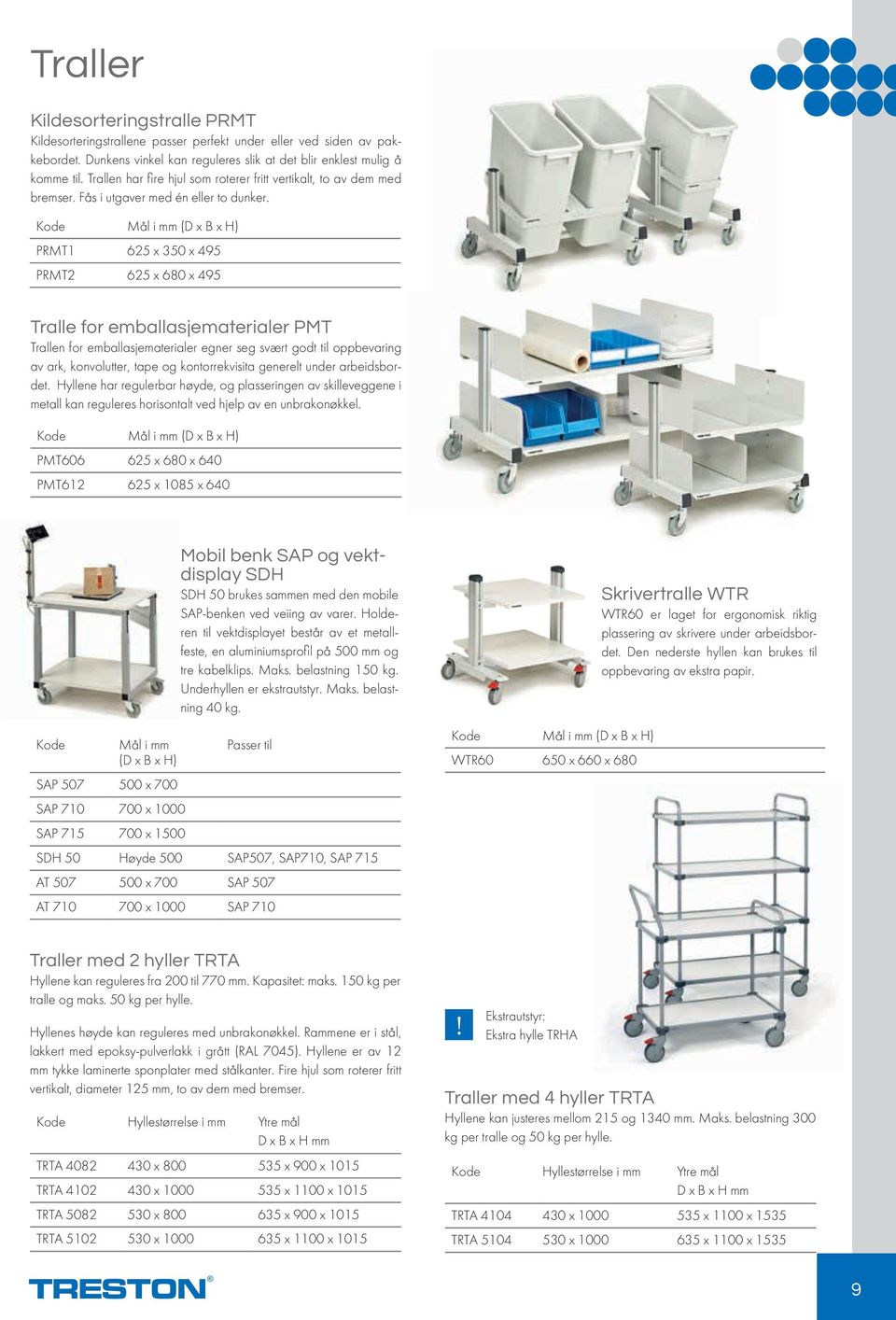 Kode Mål i mm (D x B x H) PRMT x 0 x 9 PRMT x 80 x 9 Tralle for emballasjematerialer PMT Trallen for emballasjematerialer egner seg svært godt til oppbevaring av ark, konvolutter, tape og