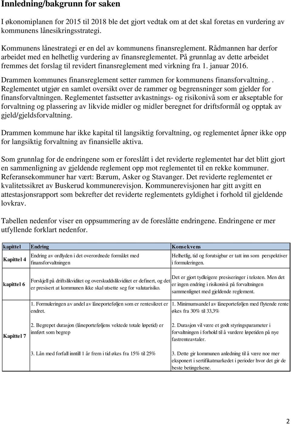 På grunnlag av dette arbeidet fremmes det forslag til revidert finansreglement med virkning fra 1. januar 2016. Drammen kommunes finansreglement setter rammen for kommunens finansforvaltning.