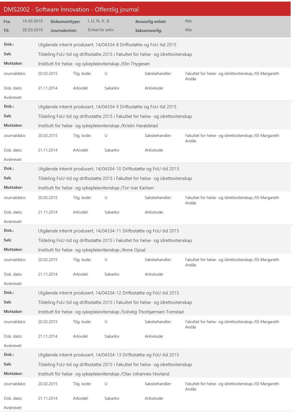 2014 tgående internt produsert, 14/04334-9 Driftsstøtte og Fo-tid 2015 Tildeling Fo-tid og driftsstøtte 2015 i Fakultet for helse- og idrettsvitenskap Institutt for helse- og sykepleievitenskap