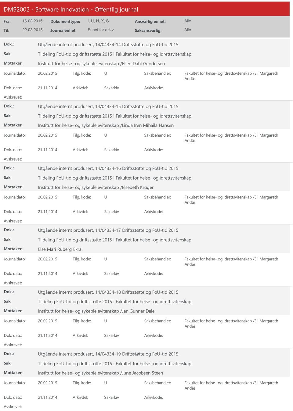 2014 tgående internt produsert, 14/04334-15 Driftsstøtte og Fo-tid 2015 Tildeling Fo-tid og driftsstøtte 2015 i Fakultet for helse- og idrettsvitenskap Institutt for helse- og sykepleievitenskap