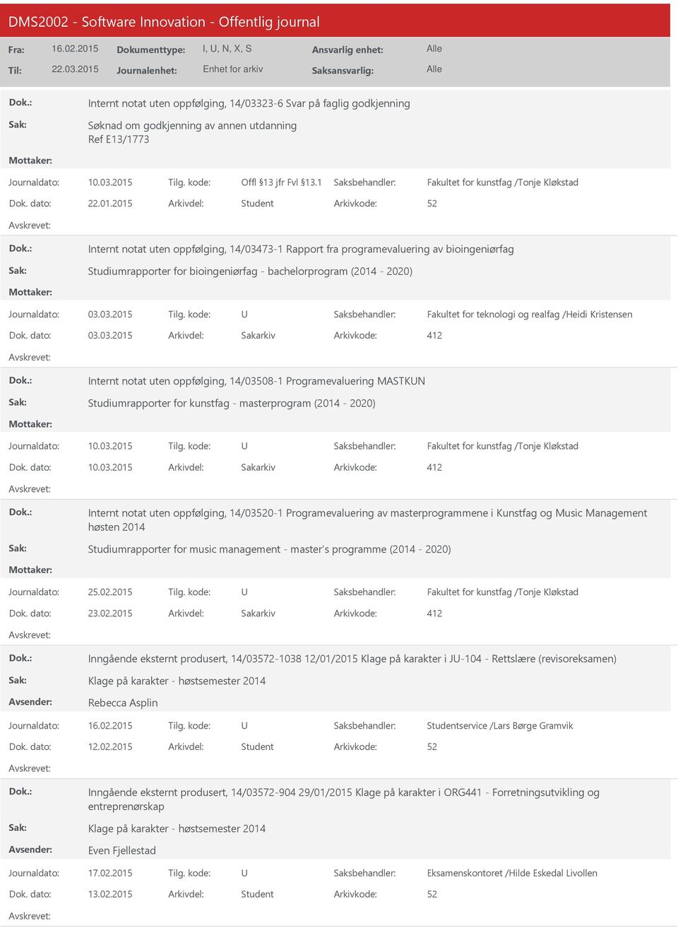 2015 Student Internt notat uten oppfølging, 14/03473-1 Rapport fra programevaluering av bioingeniørfag Studiumrapporter for bioingeniørfag - bachelorprogram (2014-2020) Journaldato: 03.03.2015 Tilg.