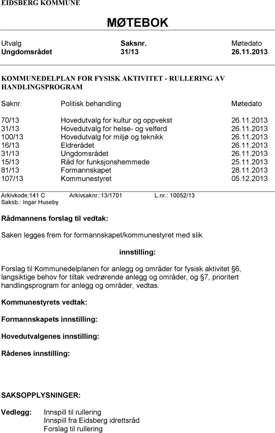 11.2013 31/13 Ungdomsrådet 26.11.2013 15/13 Råd for funksjonshemmede 25.11.2013 81/13 Formannskapet 28.11.2013 107/13 Kommunestyret 05.12.2013 Arkivkode:141 C Arkivsaknr.:13/1701 L.nr.: 10052/13 Saksb.