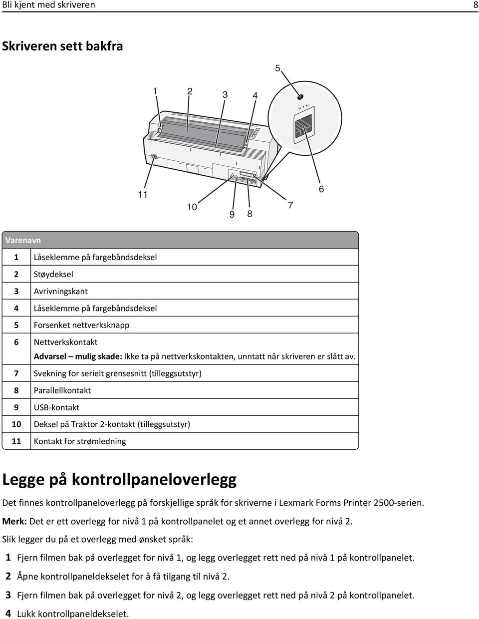 7 Svekning for serielt grensesnitt (tilleggsutstyr) 8 Parallellkontakt 9 USB-kontakt 10 Deksel på Traktor 2-kontakt (tilleggsutstyr) 11 Kontakt for strømledning Legge på kontrollpaneloverlegg Det