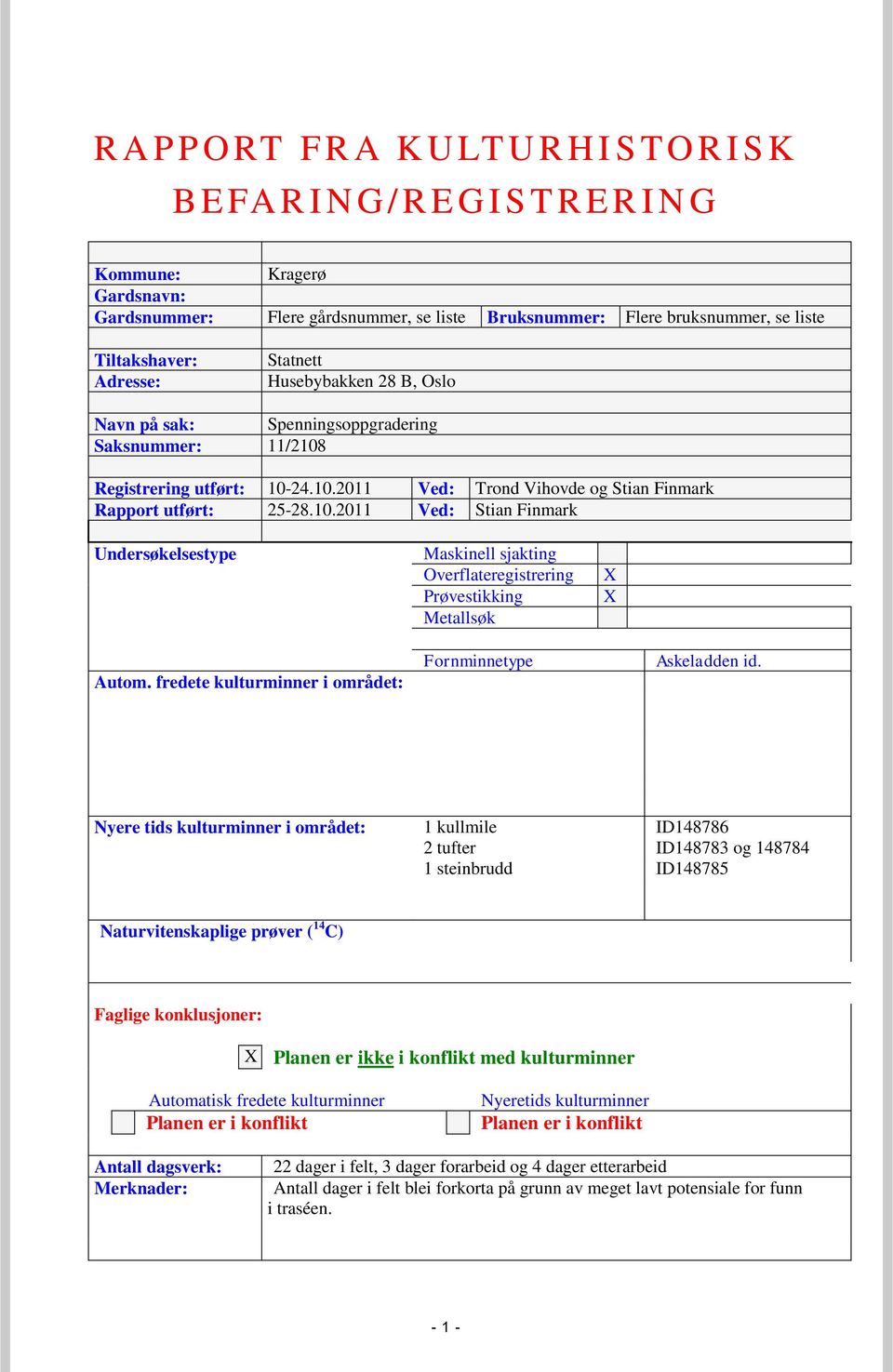 10.2011 Ved: Stian Finmark Undersøkelsestype Maskinell sjakting Overflateregistrering Prøvestikking Metallsøk X X Autom. fredete kulturminner i området: Fornminnetype Askeladden id.