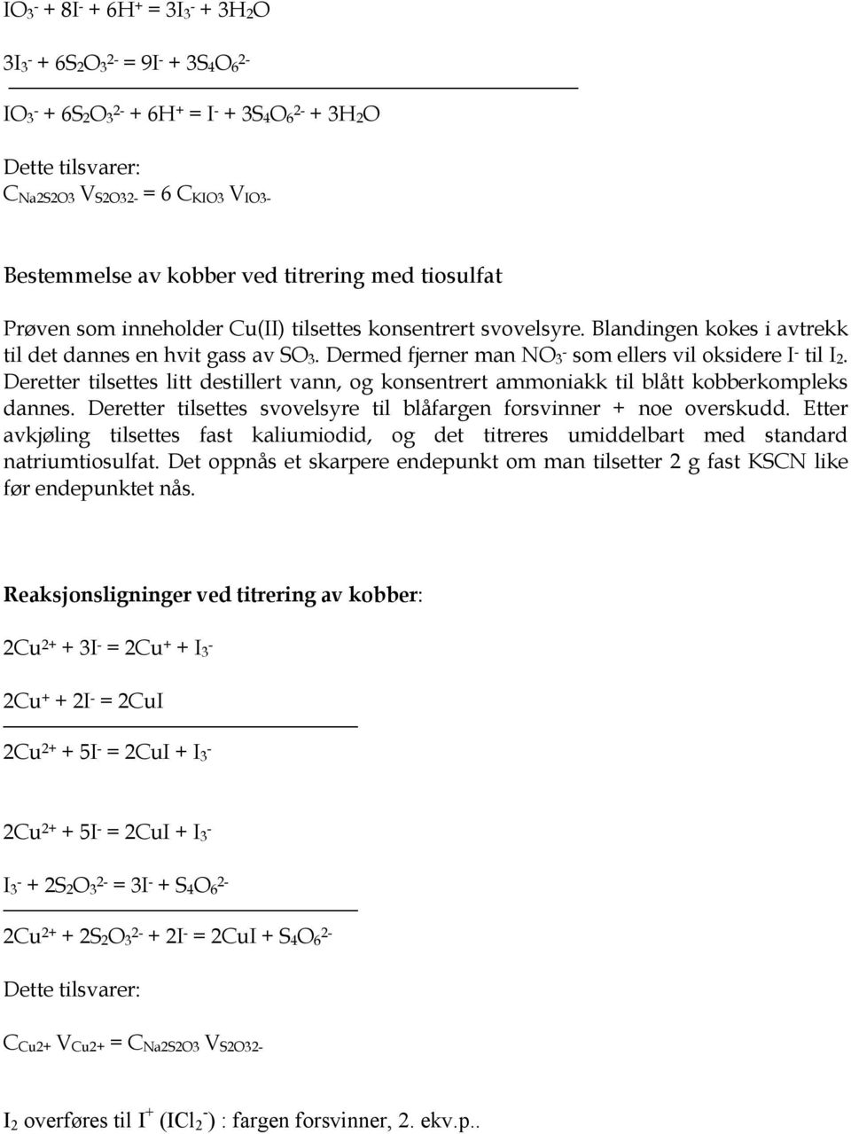 Dermed fjerner man NO 3 som ellers vil oksidere I til I 2. Deretter tilsettes litt destillert vann, og konsentrert ammoniakk til blått kobberkompleks dannes.