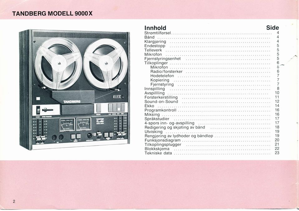 .. 6 Hodetelefon 7 Kopiering 7 Fjernstyri ng 7 lnnspilling B Avspillling 10 Forsterkersti I I ing 11 Sound-on-Sou nd 12 Ekko 14