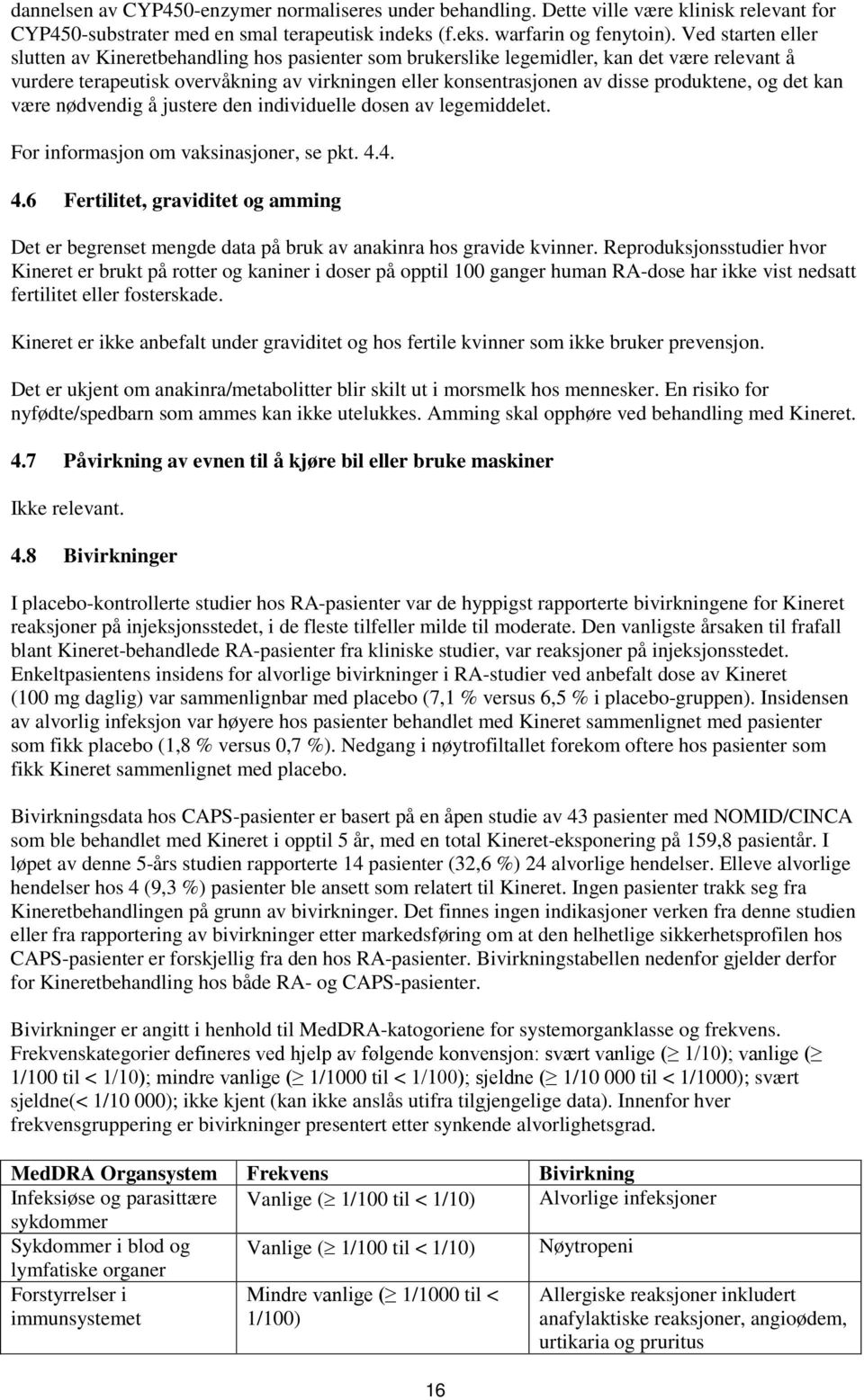 produktene, og det kan være nødvendig å justere den individuelle dosen av legemiddelet. For informasjon om vaksinasjoner, se pkt. 4.