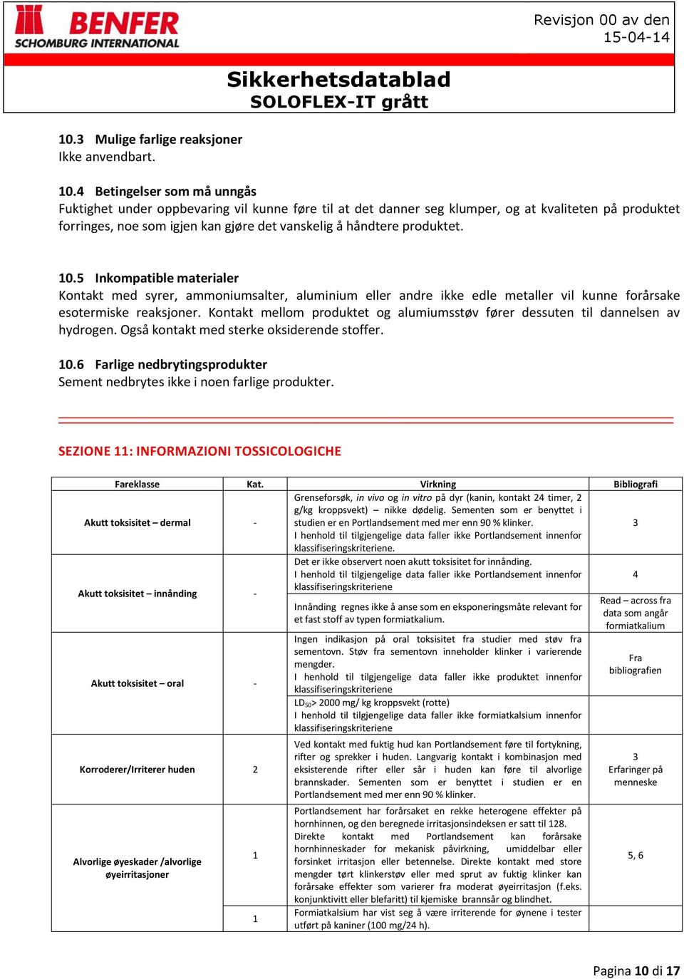 produktet. 10.5 Inkompatible materialer Kontakt med syrer, ammoniumsalter, aluminium eller andre ikke edle metaller vil kunne forårsake esotermiske reaksjoner.