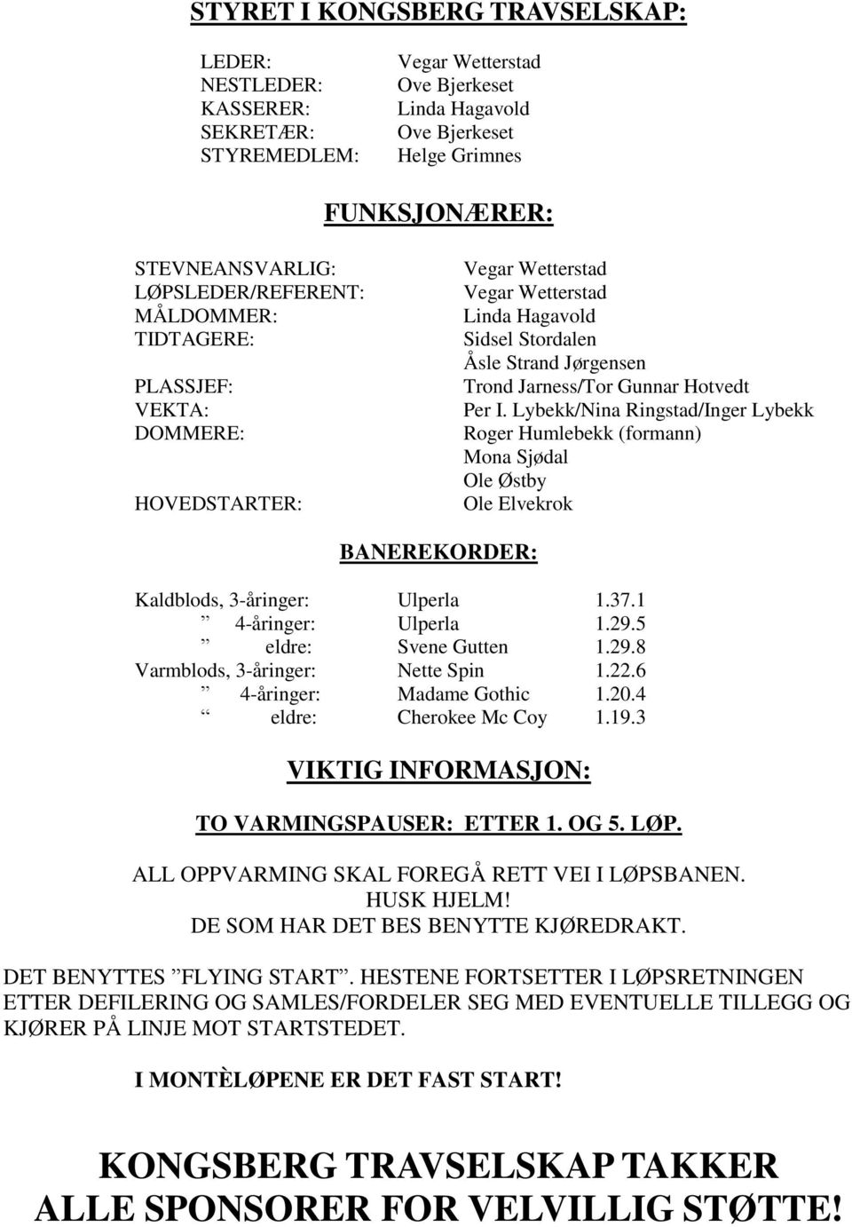 Hotvedt Per I. Lybekk/Nina Ringstad/Inger Lybekk Roger Humlebekk (formann) Mona Sjødal Ole Østby Ole Elvekrok BANEREKORDER: Kaldblods, 3-åringer: Ulperla 1.37.1 4-åringer: Ulperla 1.29.