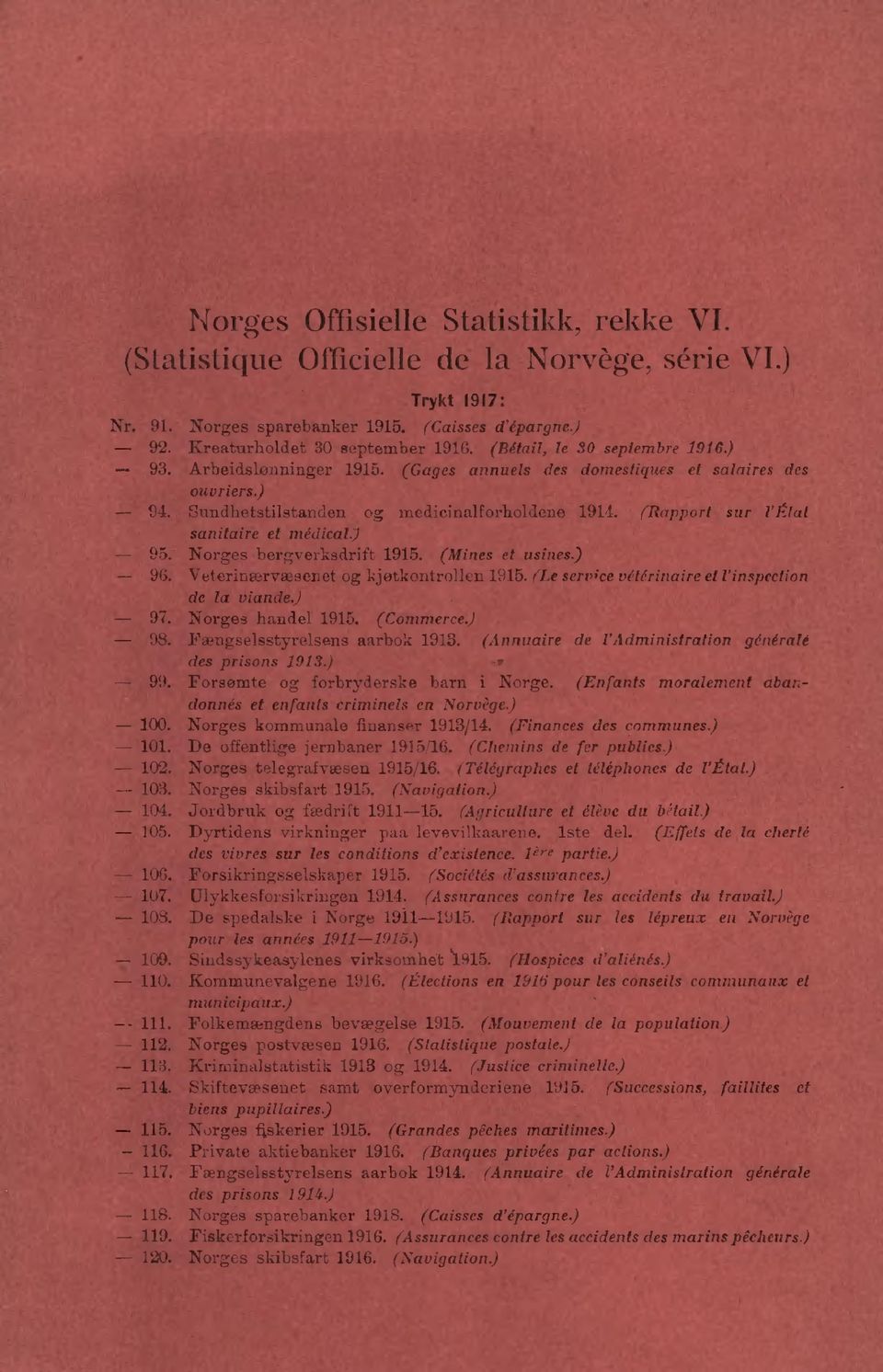 (Rapport sur l'état sanitaire et medical) - 95. Norges bergverksdrift 1915. (Mines et usines) - 96. Veterinærvæsenet og kjøtkontrollen 1915. (Le service vétérinaire et l'inspection de la viande.) 97.