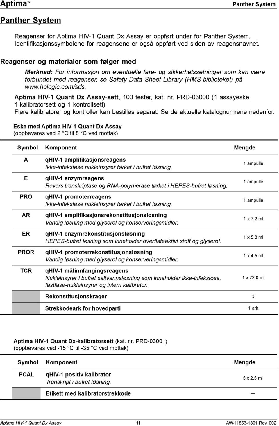 hologic.com/sds. Aptima HIV-1 Quant Dx Assay-sett, 100 tester, kat. nr. PRD-03000 (1 assayeske, 1 kalibratorsett og 1 kontrollsett) Flere kalibratorer og kontroller kan bestilles separat.