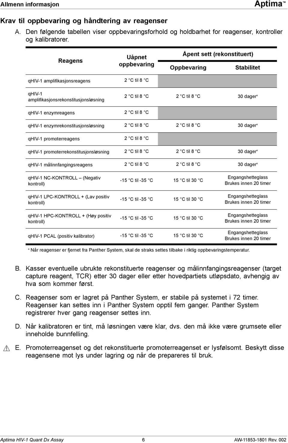 qhiv-1 enzymreagens 2 C til 8 C qhiv-1 enzymrekonstitusjonsløsning 2 C til 8 C 2 C til 8 C 30 dager a qhiv-1 promoterreagens 2 C til 8 C qhiv-1 promoterrekonstitusjonsløsning 2 C til 8 C 2 C til 8 C