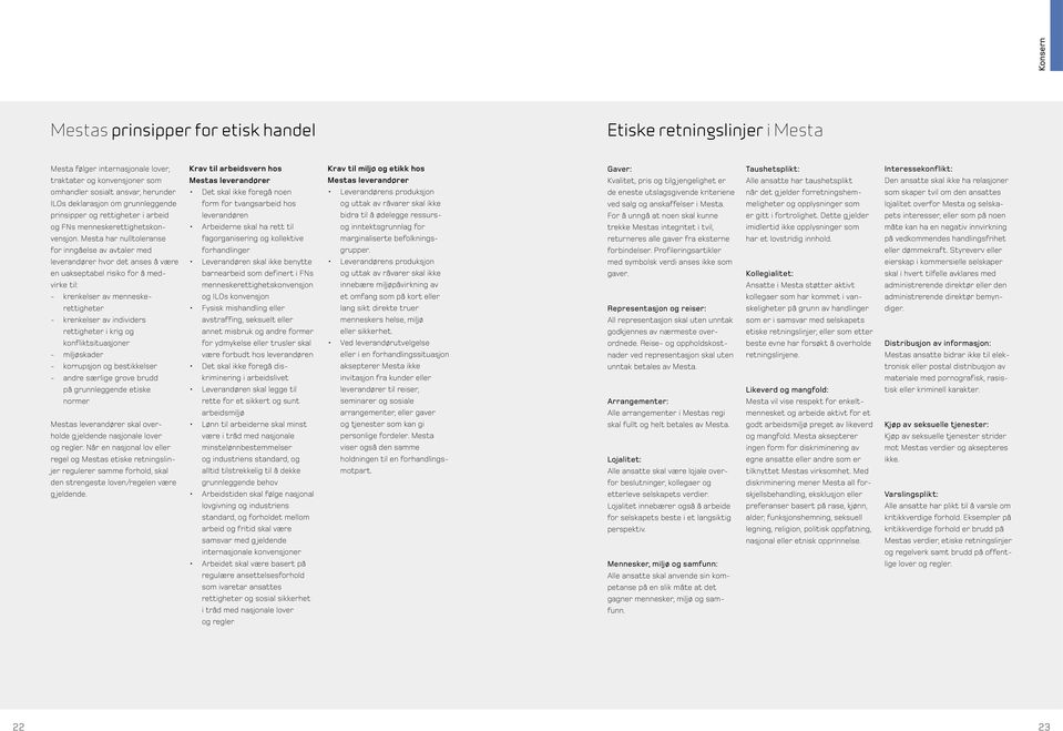 Mesta har nulltoleranse for inngåelse av avtaler med leverandører hvor det anses å være en uakseptabel risiko for å medvirke til: - krenkelser av menneskerettigheter - krenkelser av individers