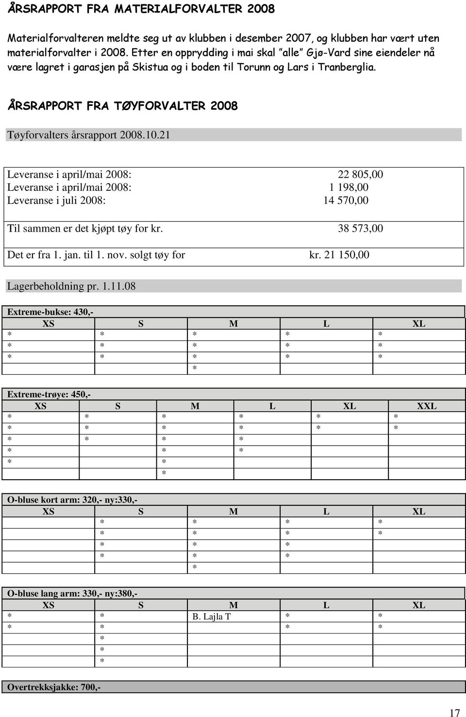 ÅRSRAPPORT FRA TØYFORVALTER 2008 Tøyforvalters årsrapport 2008.10.