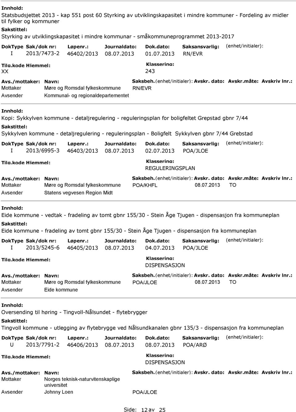 2013 RN/EVR 243 Mottaker Møre og Romsdal fylkeskommune RN/EVR Avsender Kommunal- og regionaldepartementet nnhold: Kopi: Sykkylven kommune - detaljregulering - reguleringsplan for boligfeltet Grepstad