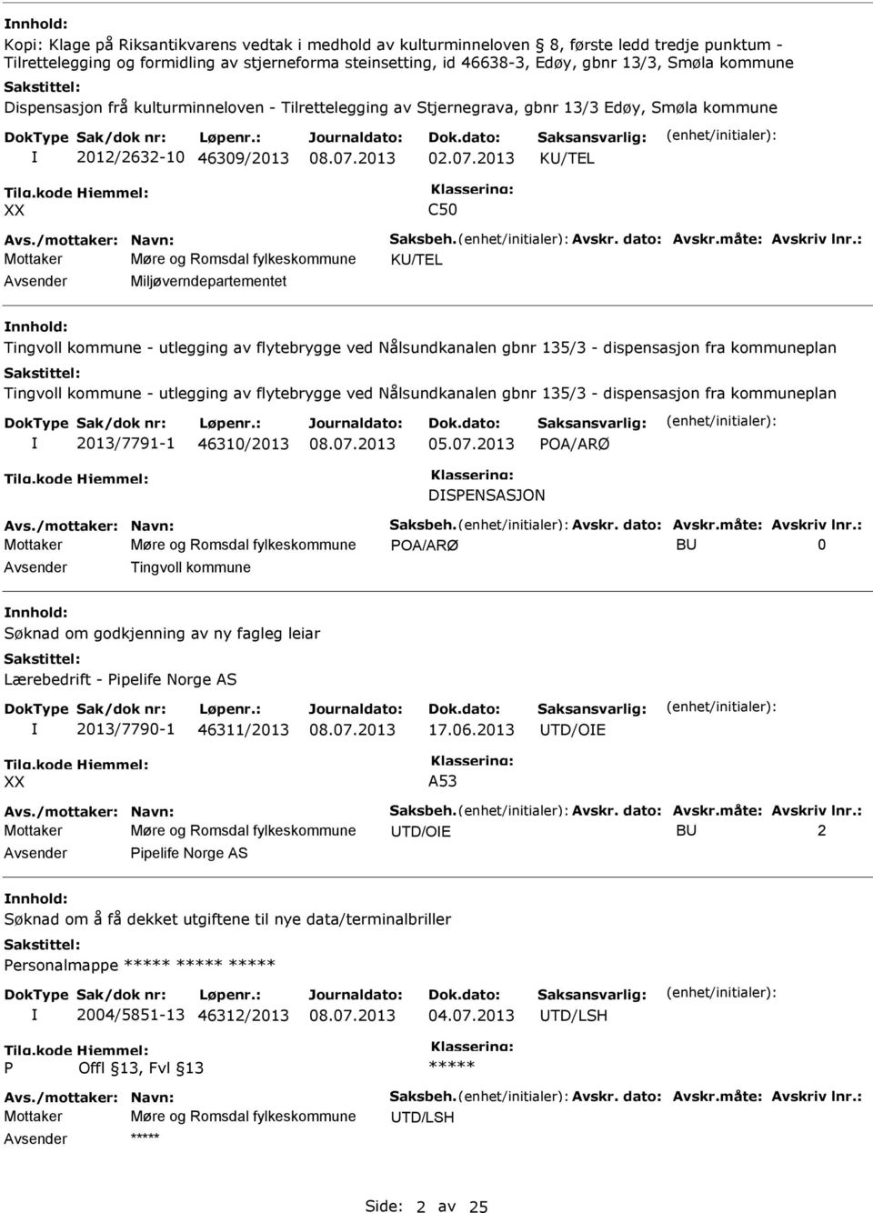 2013 KU/TEL C50 Mottaker Møre og Romsdal fylkeskommune KU/TEL Avsender Miljøverndepartementet nnhold: Tingvoll kommune - utlegging av flytebrygge ved Nålsundkanalen gbnr 135/3 - dispensasjon fra