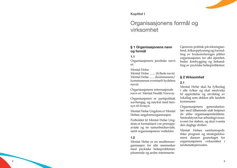 Mental Helse Ungdom er Mental Helses ungdomsorganisasjon. Forholdet til Mental Helse Ungdom er formalisert i en prinsippavtale og en samarbeidsavtale, samt organisasjonens vedtekter. 1.