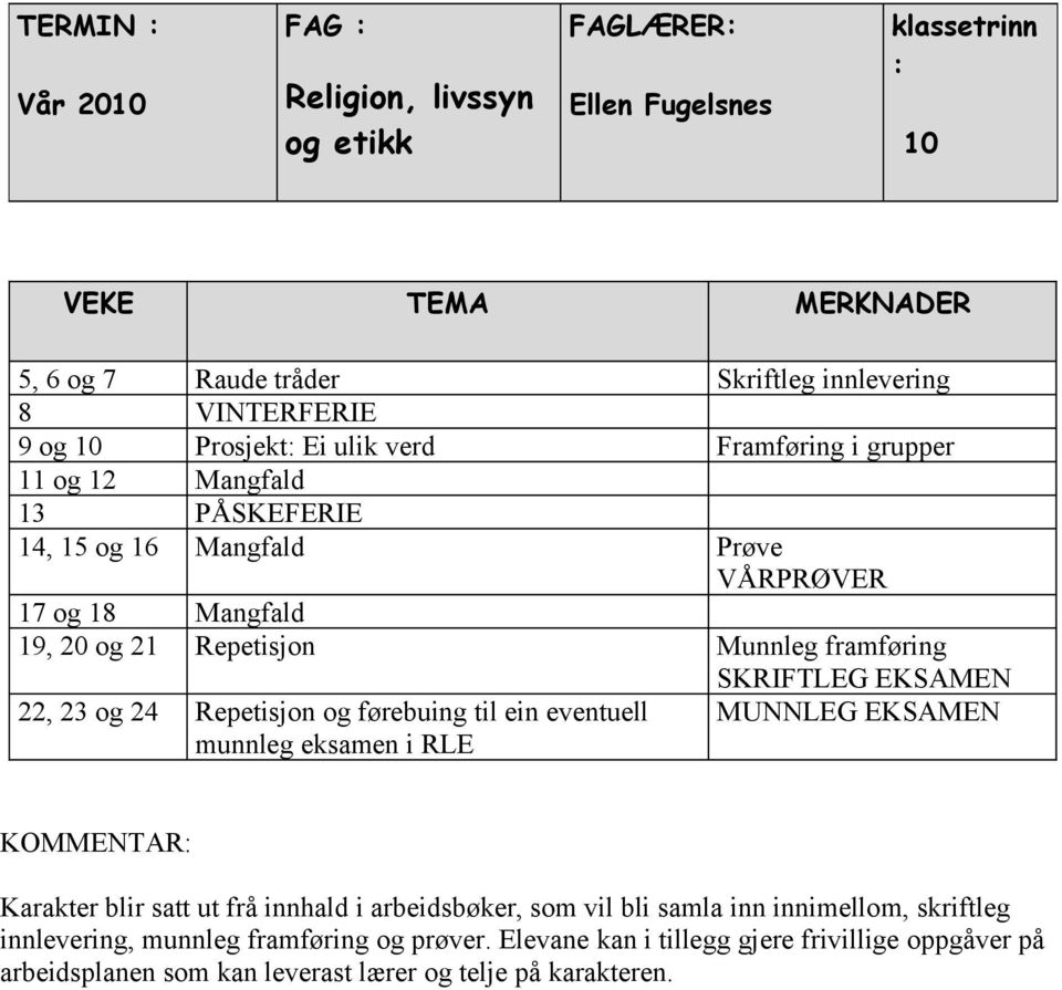 24 Repetisjon og førebuing til ein eventuell munnleg eksamen i RLE MUNNLEG EKSAMEN KOMMENTAR: Karakter blir satt ut frå innhald i arbeidsbøker, som vil bli samla inn