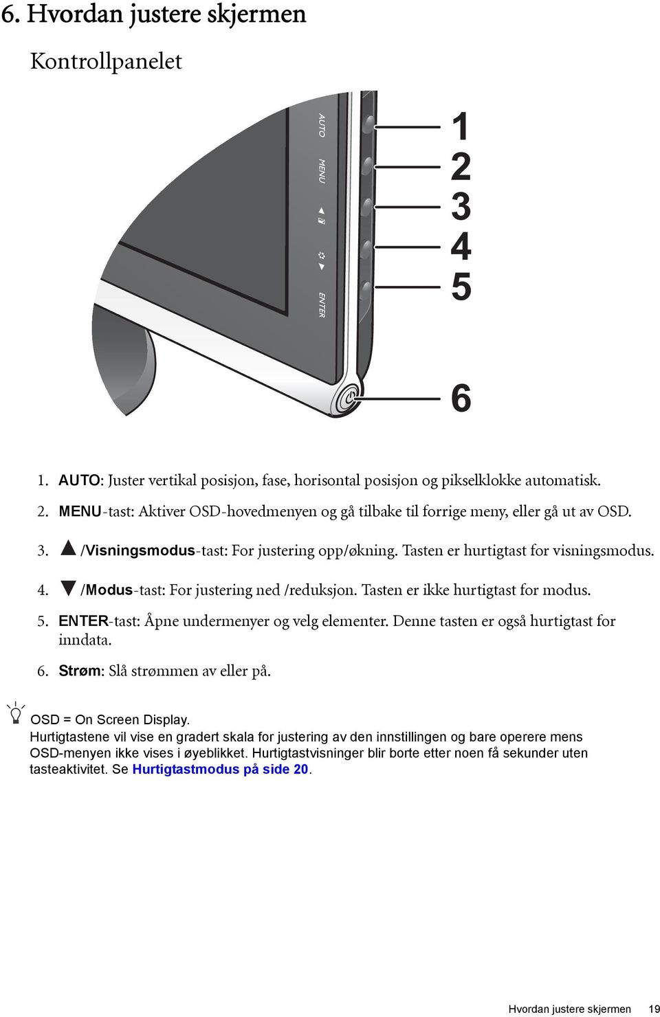 ENTER-tast: Åpne undermenyer og velg elementer. Denne tasten er også hurtigtast for inndata. 6. Strøm: Slå strømmen av eller på. OSD = On Screen Display.